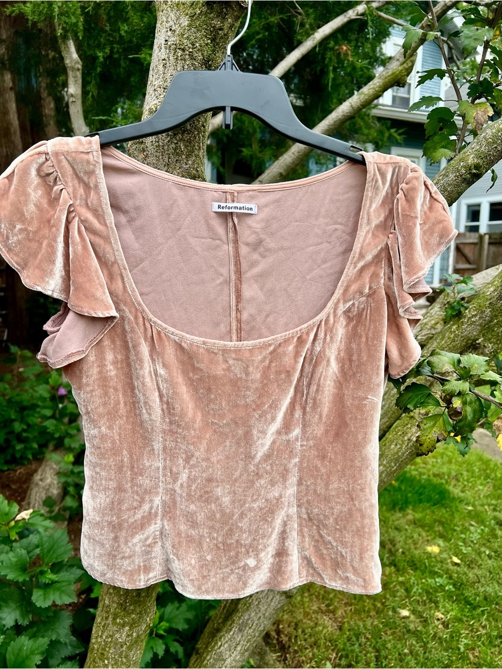 Reformation Rose’ May Champagne nude pink velvet corset top flutter sleeves S 0🎀